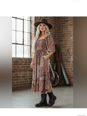 Angie Midi Maxi Dress Boho Floral Patchwork Print Smocked Puff sleeve Sz. S, NWT